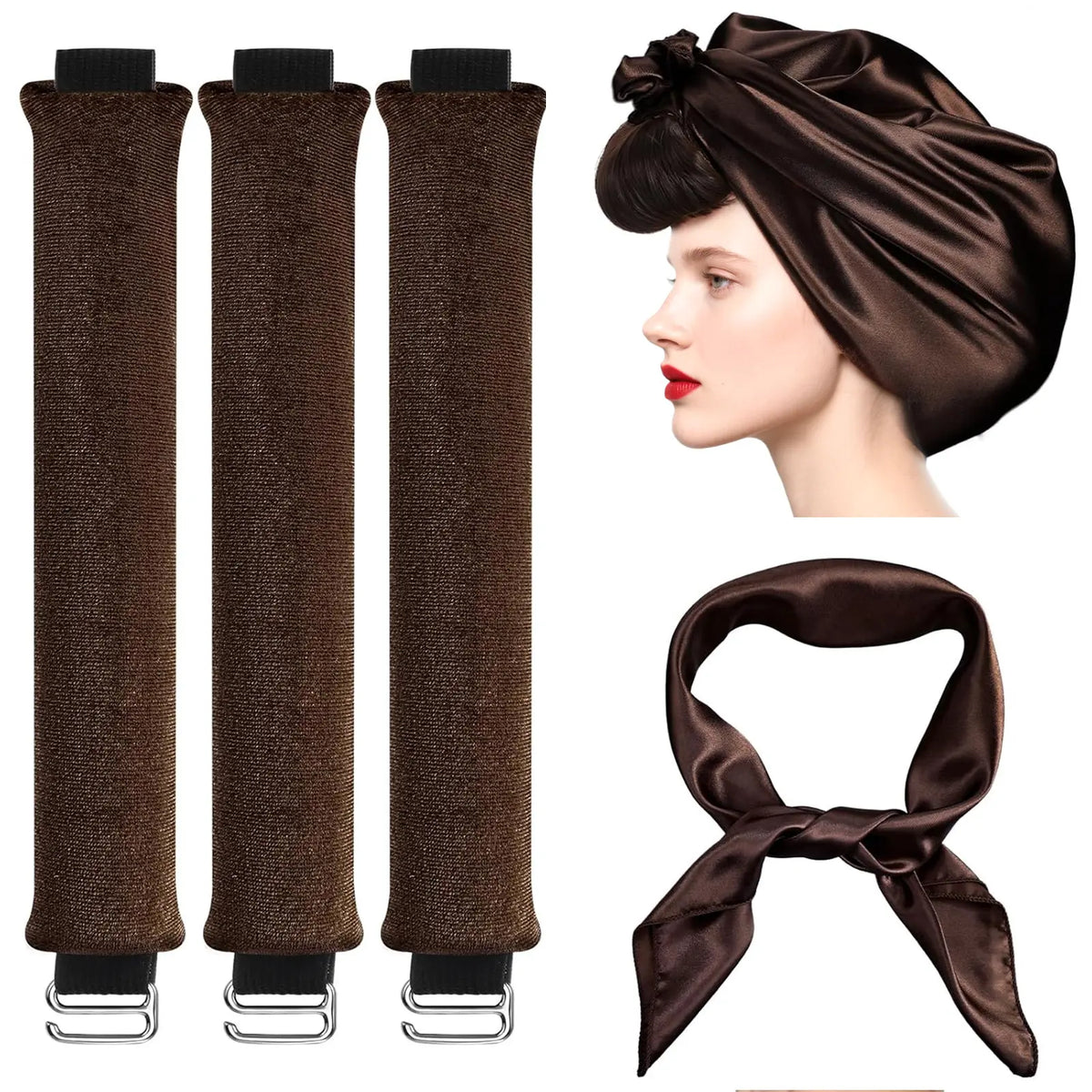Heatless Hair Curling Set with Three Flexible Rods and Brown Head Scarf [YQT:ULO-260918-005:3782106b0af8c340]