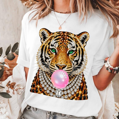 Bubblegum Tiger Graphic Tee with Jewel Effect Artwork and Pink Bubble