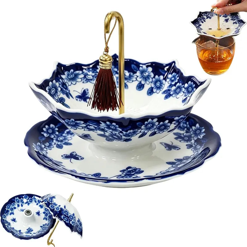 Blue and White Floral Porcelain Tea Strainer with Umbrella Shape and Matching Base [YQT:AS-261004-002:a16b7585e1a86198]