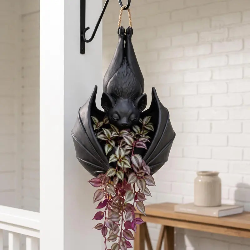 Black Resin Bat Hanging Planter with Sculpted Wings and Textured Details [YQT:AS-261006-004:53bc273f28ffbbf4]