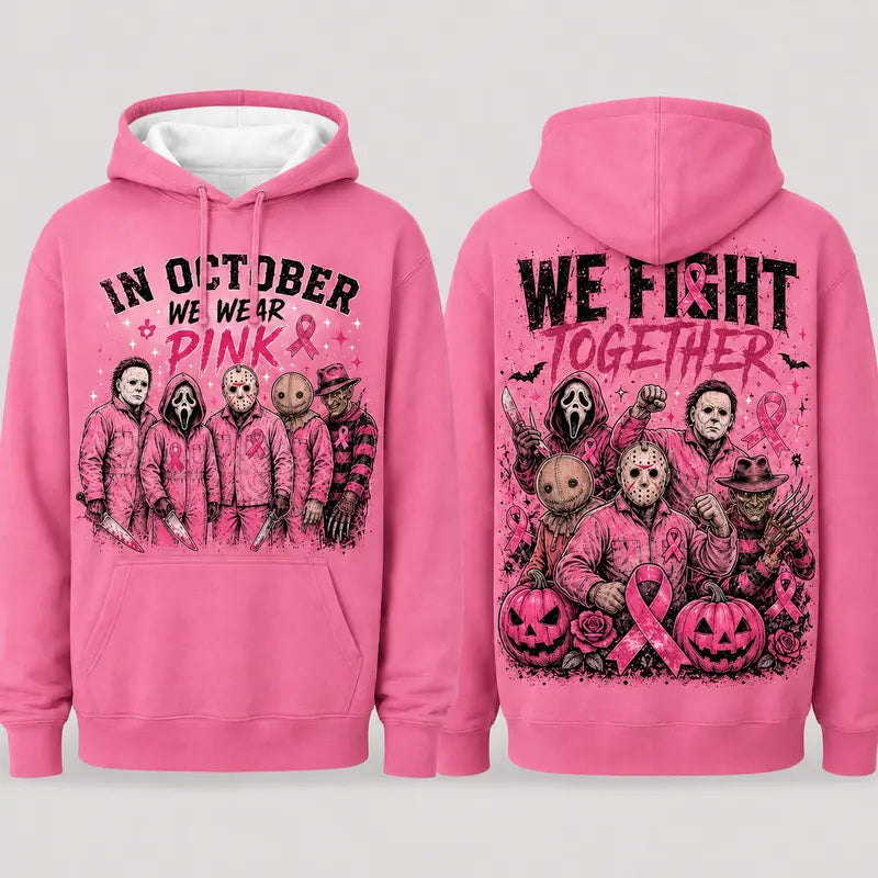 In October We Wear Pink Horror Characters and Ribbon Graphic Hoodie