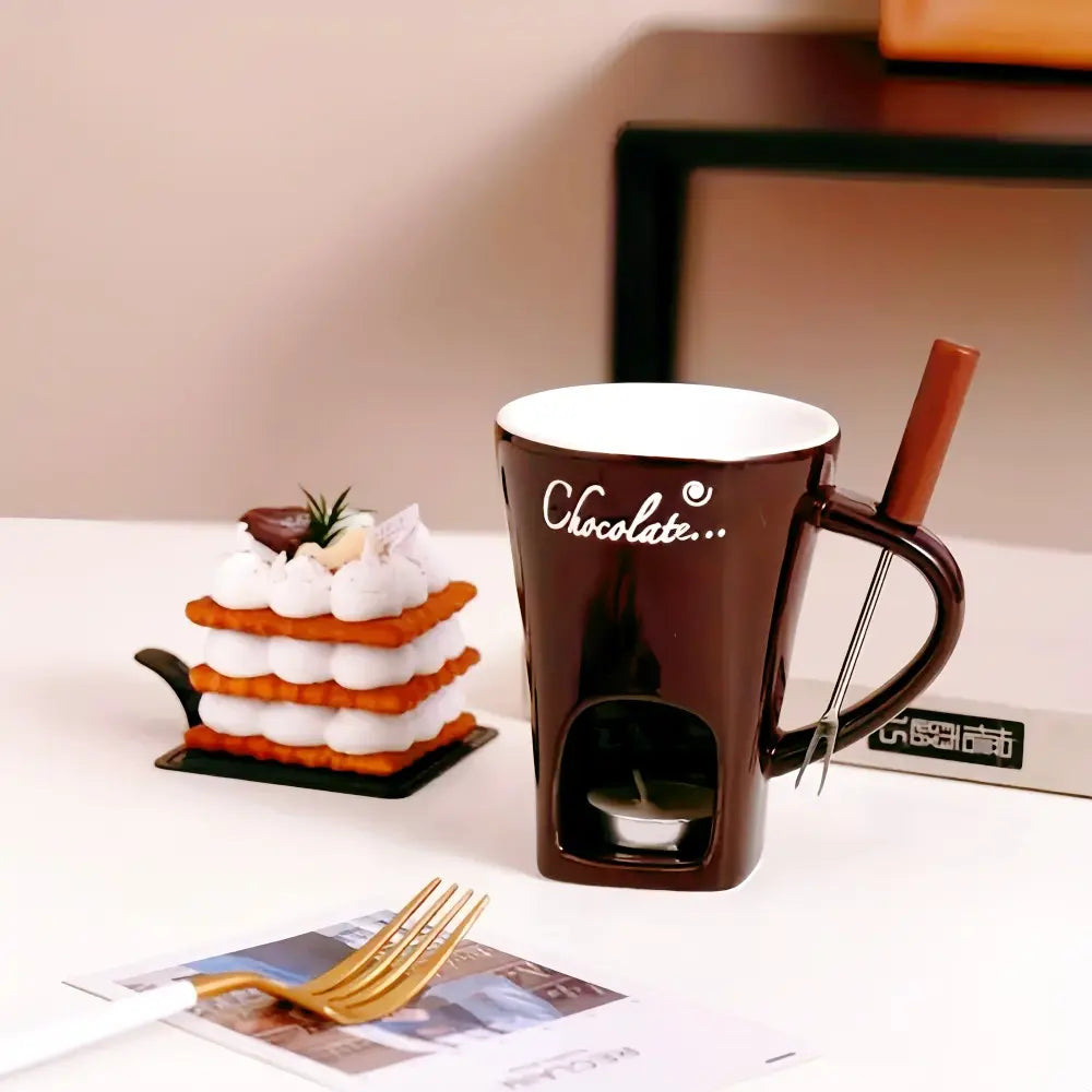 Ceramic Chocolate Fondue Mug with Fork and Tea Light Opening [YQT:AS-261008-007:9ed077627da6db7a]