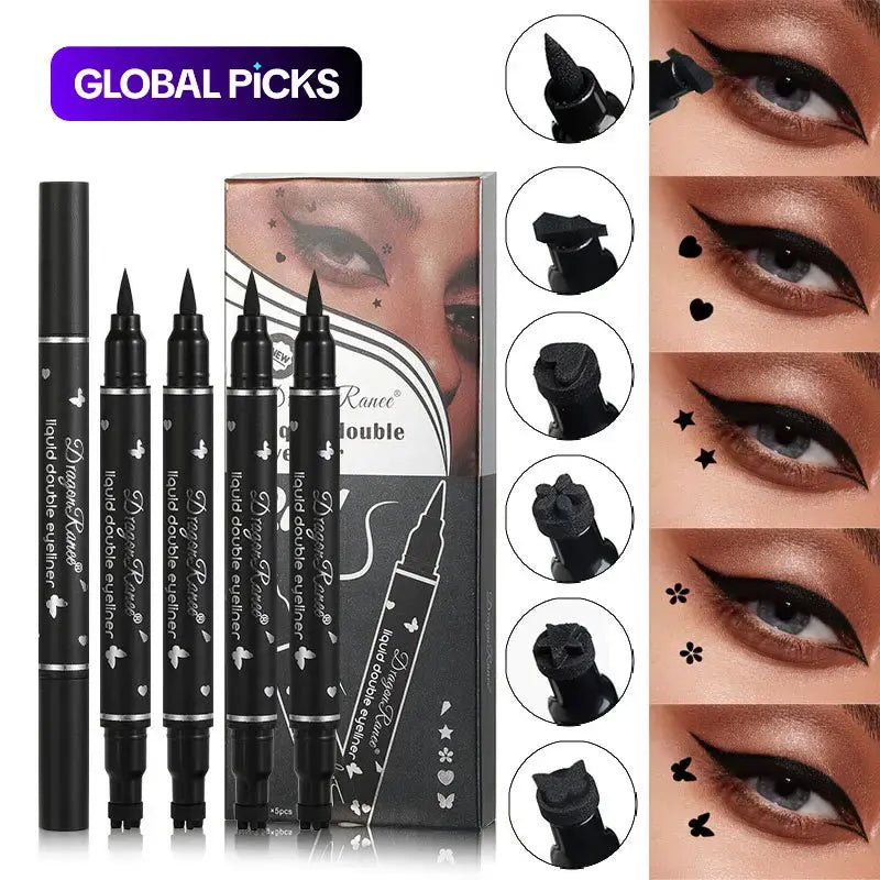 Black Double-Ended Liquid Eyeliner Pen Set with Decorative Makeup Stamps [YQT:AS-261011-002:107389ae8b07cf78]