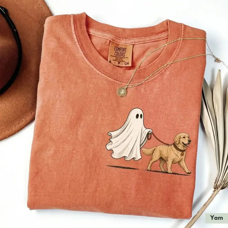 Ghost Walking a Dog Graphic Tee with Playful Halloween Artwork
