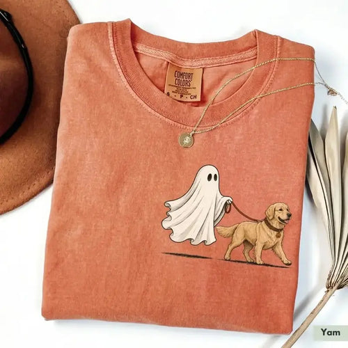 Ghost Walking a Dog Graphic Tee with Playful Halloween Artwork