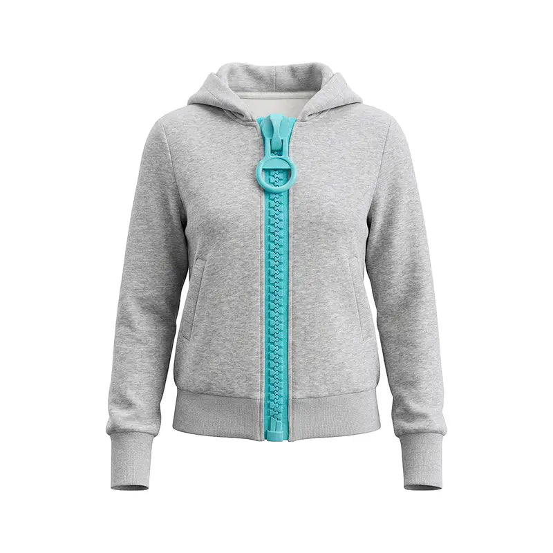 Women's Gray Zip-Up Hoodie with Oversized Contrast Zipper and Ring Pull [YQT:AS-261011-003:867d37677f548a32]