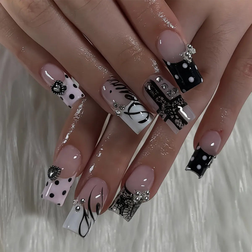 24-Piece Square Press-On Nails with Black Polka Dots and Rhinestone Accents [YQT:ULO-260918-003:6ebd7430942765a8]