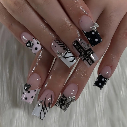 24-Piece Square Press-On Nails with Black Polka Dots and Rhinestone Accents [YQT:ULO-260918-003:6ebd7430942765a8]