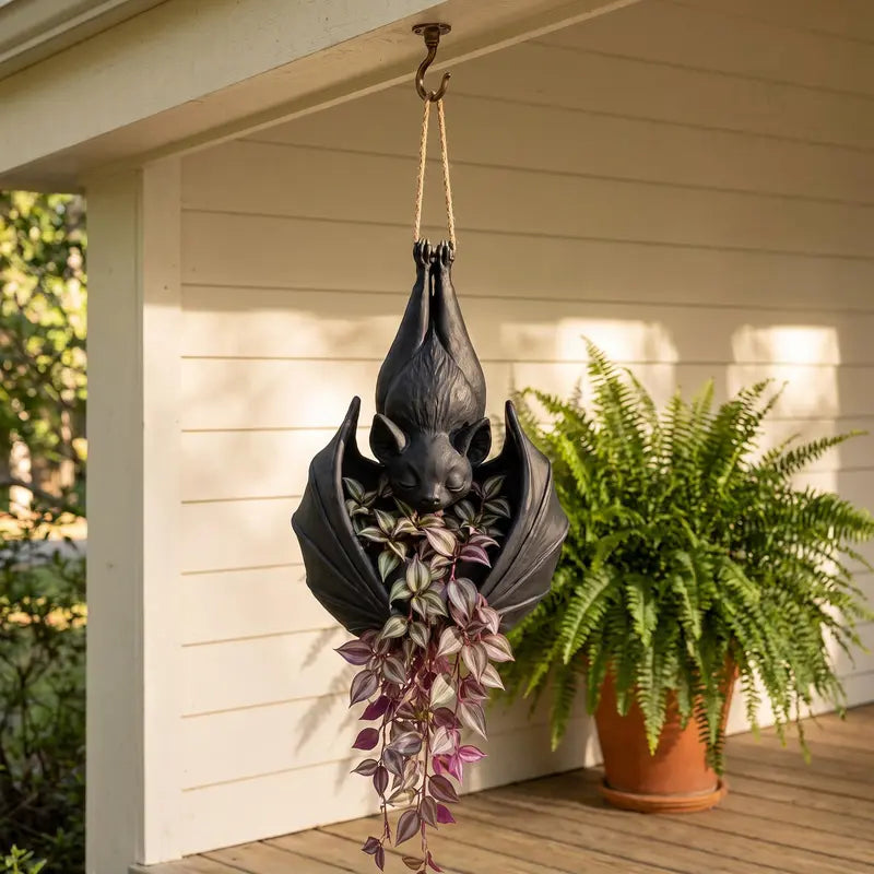 Black Resin Bat Hanging Planter with Sculpted Wings and Textured Details [YQT:AS-261006-004:41215e37189630ce]