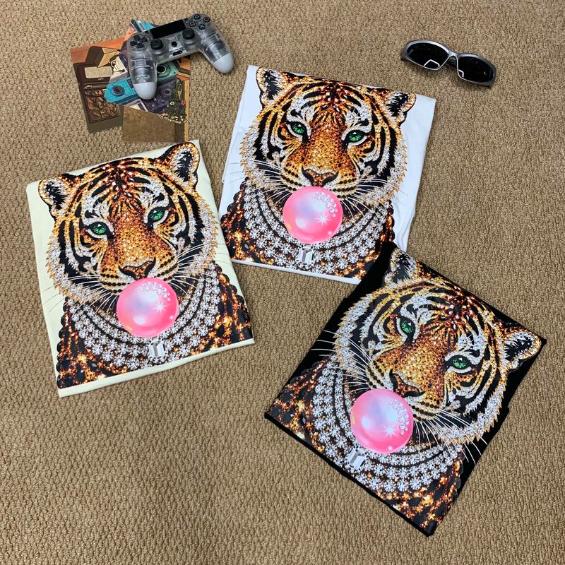 Bubblegum Tiger Graphic Tee with Jewel Effect Artwork and Pink Bubble