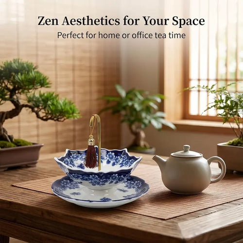 Blue and White Floral Porcelain Tea Strainer with Umbrella Shape and Matching Base [YQT:AS-261004-002:196b1367e11e48e6]
