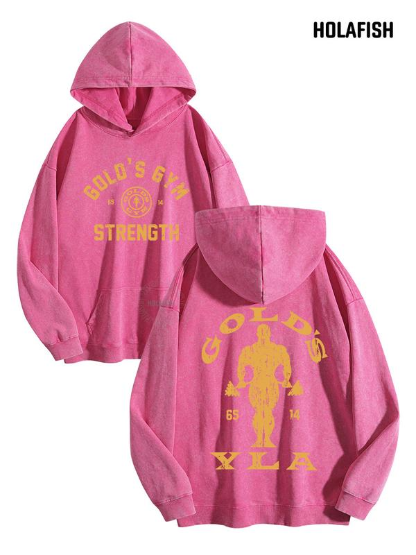 Gold’s Gym Strength Lettering Hoodie with Distressed Bodybuilder Back Graphic