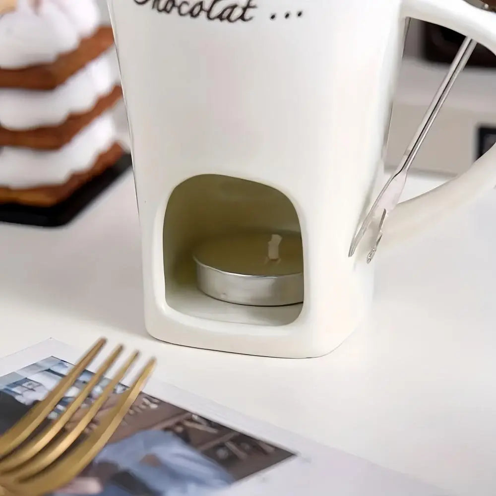 Ceramic Chocolate Fondue Mug with Fork and Tea Light Opening [YQT:AS-261008-007:f1c91cd2b2fc353a]