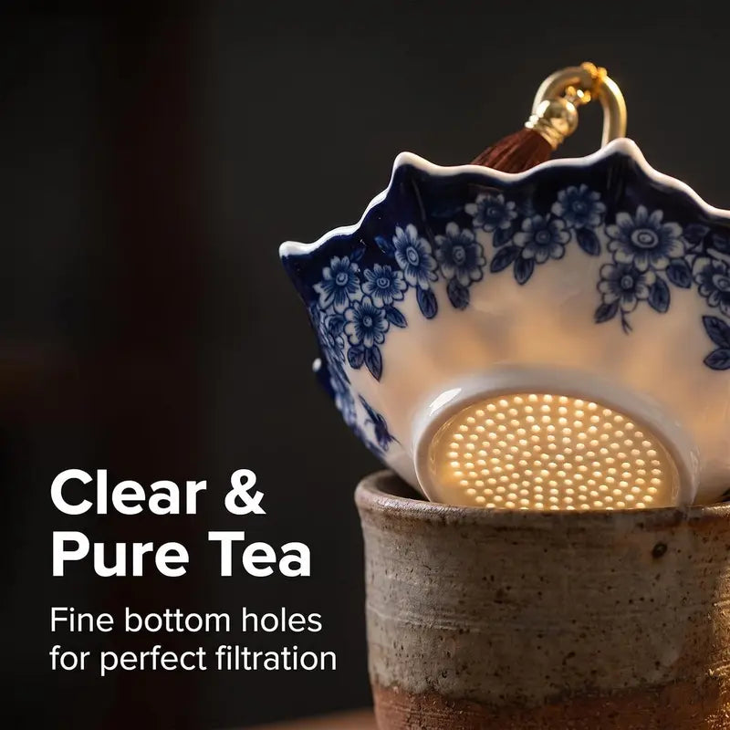 Blue and White Floral Porcelain Tea Strainer with Umbrella Shape and Matching Base [YQT:AS-261004-002:6ee14f36a9c267b4]