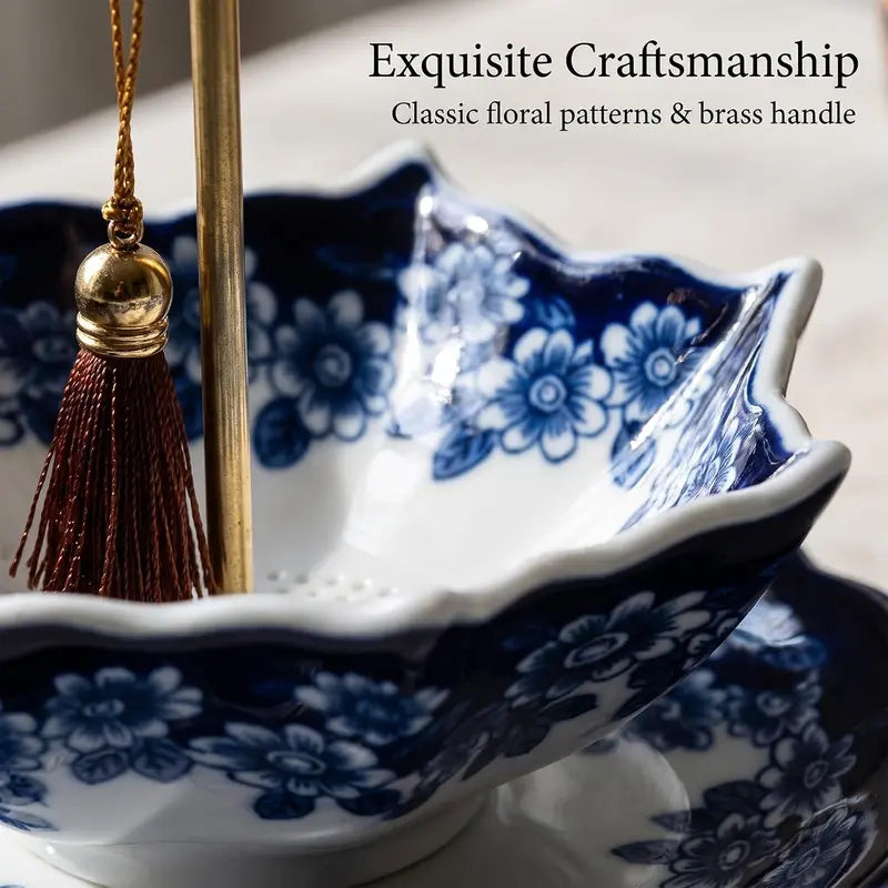 Blue and White Floral Porcelain Tea Strainer with Umbrella Shape and Matching Base [YQT:AS-261004-002:702a9e40a9d5e5d5]