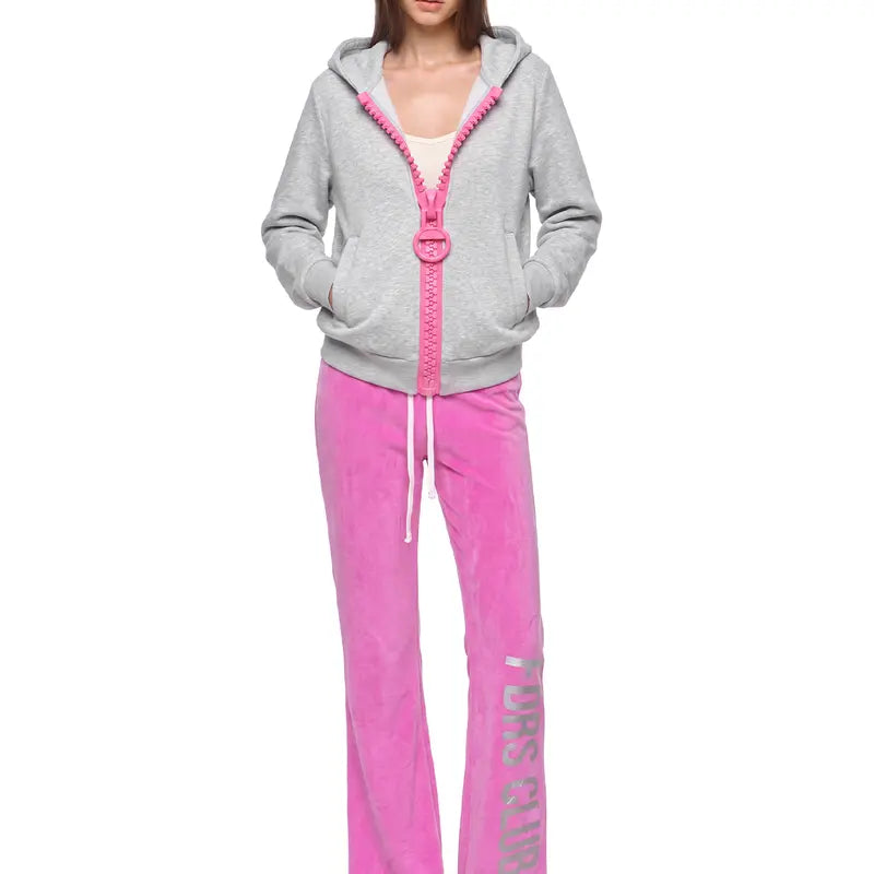Women's Gray Zip-Up Hoodie with Oversized Contrast Zipper and Ring Pull [YQT:AS-261011-003:bc3b2a8a7a34f9f4]