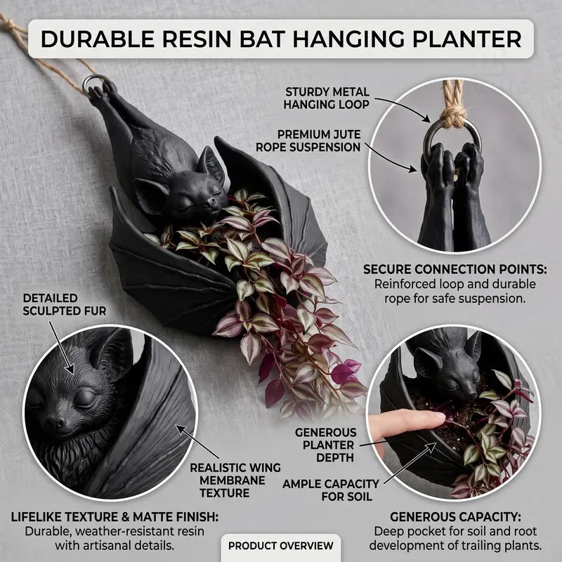 Black Resin Bat Hanging Planter with Sculpted Wings and Textured Details [YQT:AS-261006-004:ecdff645ce6dcbb7]