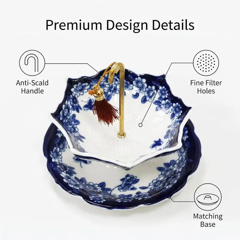Blue and White Floral Porcelain Tea Strainer with Umbrella Shape and Matching Base [YQT:AS-261004-002:dd353c42b5466765]