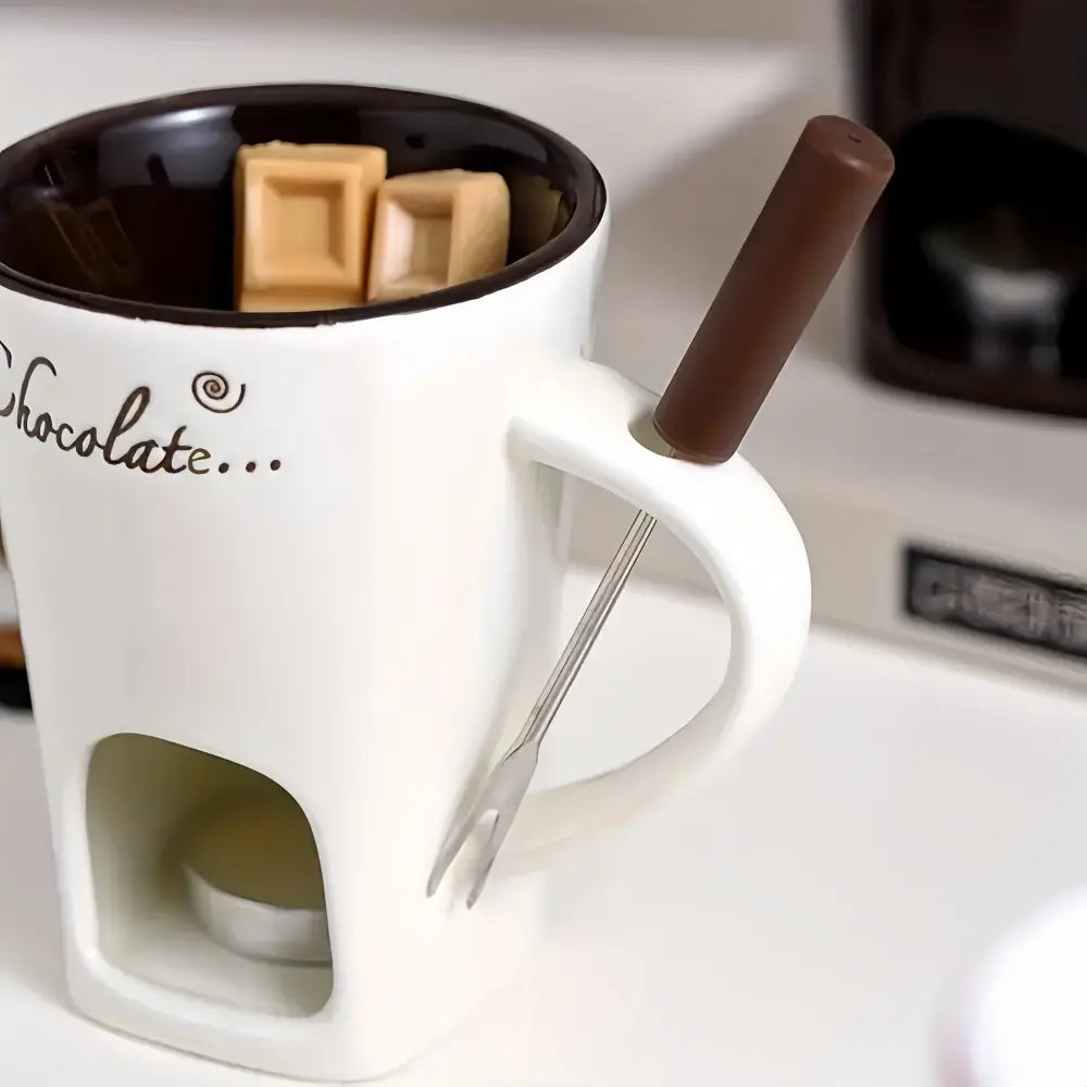 Ceramic Chocolate Fondue Mug with Fork and Tea Light Opening [YQT:AS-261008-007:2cc2adc49d93ee99]