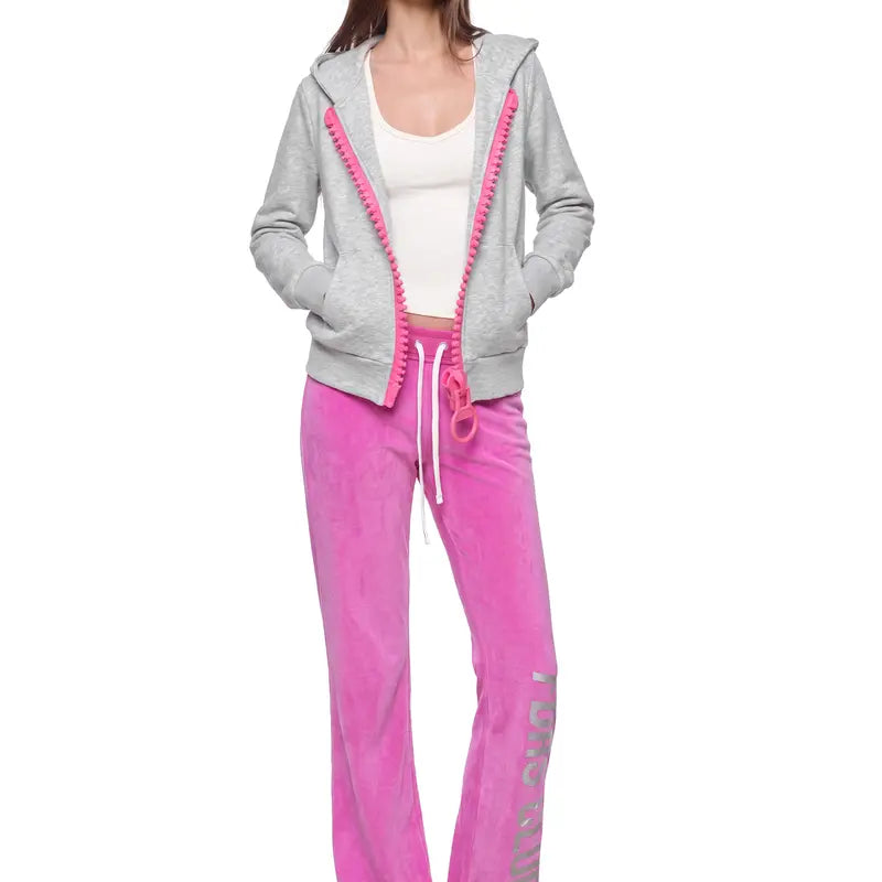 Women's Gray Zip-Up Hoodie with Oversized Contrast Zipper and Ring Pull [YQT:AS-261011-003:46b7c53d7ec62458]