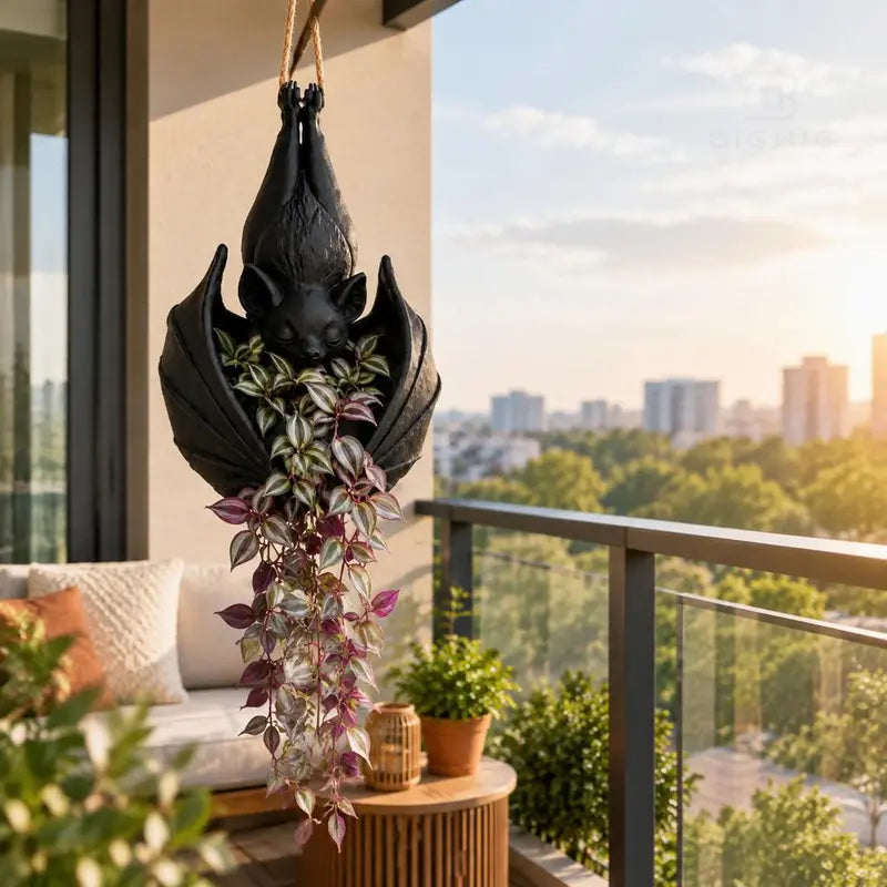 Black Resin Bat Hanging Planter with Sculpted Wings and Textured Details [YQT:AS-261006-004:0243d38d89a062a9]