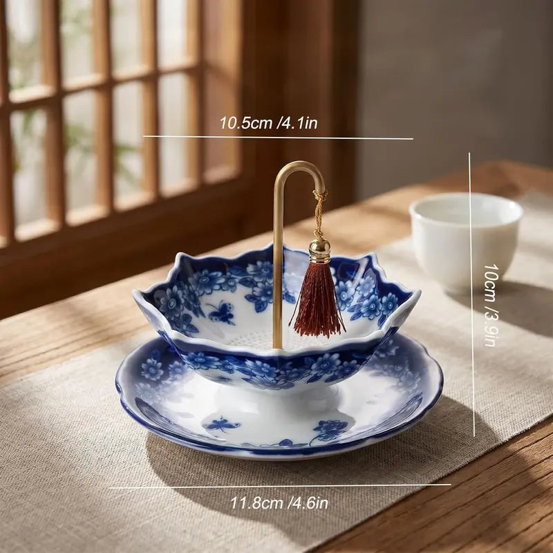 Blue and White Floral Porcelain Tea Strainer with Umbrella Shape and Matching Base [YQT:AS-261004-002:e01c99b70215d3d7]