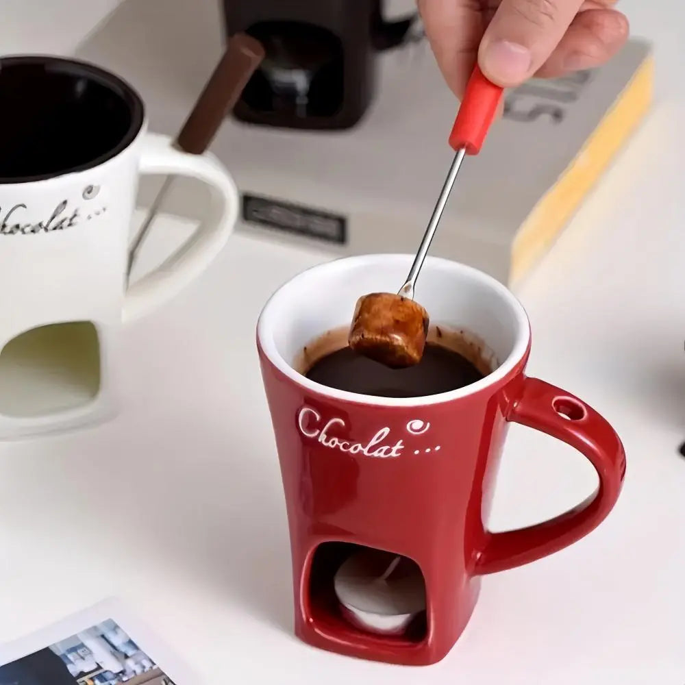 Ceramic Chocolate Fondue Mug with Fork and Tea Light Opening [YQT:AS-261008-007:d1ffee406313ec24]